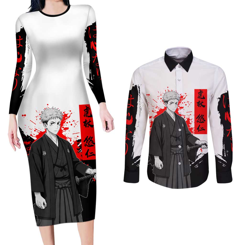 Yuji Itadori Jujutsu Kaisen Samurai Design Couples Matching Long Sleeve Bodycon Dress and Long Sleeve Button Shirt with Katana, Red Kanji Elements and Oni Mask Graphic - The Mazicc