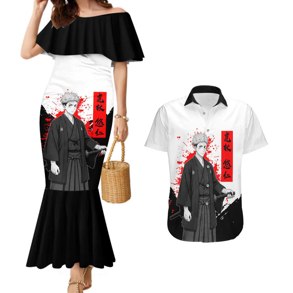 Yuji Itadori Jujutsu Kaisen Samurai Design Couples Matching Mermaid Dress and Hawaiian Shirt with Katana, Red Kanji Elements and Oni Mask Graphic - The Mazicc
