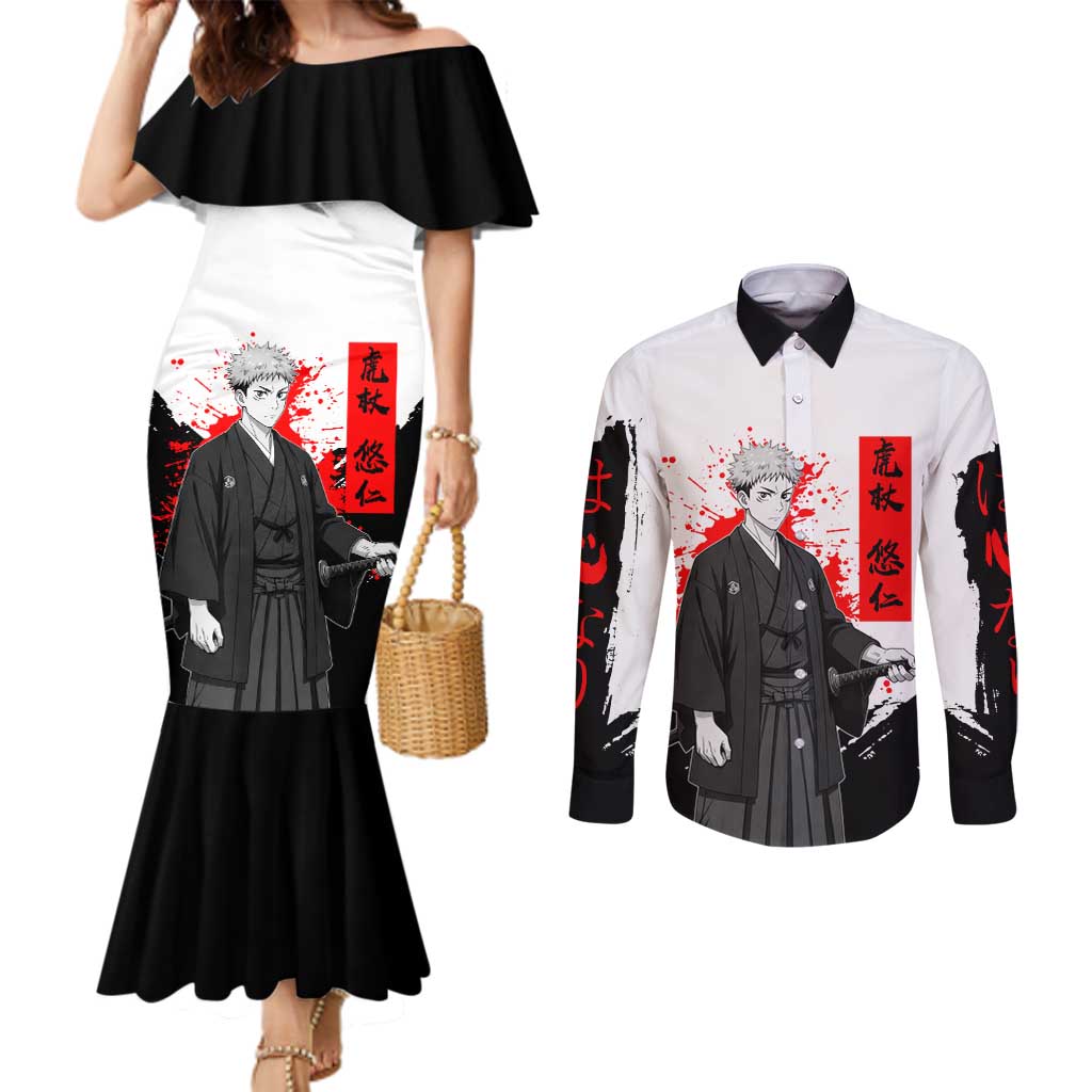 Yuji Itadori Jujutsu Kaisen Samurai Design Couples Matching Mermaid Dress and Long Sleeve Button Shirt with Katana, Red Kanji Elements and Oni Mask Graphic - The Mazicc