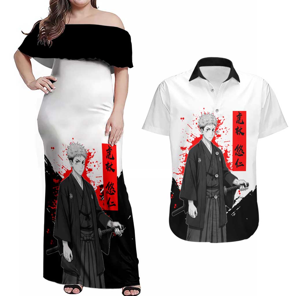 Yuji Itadori Jujutsu Kaisen Samurai Design Couples Matching Off Shoulder Maxi Dress and Hawaiian Shirt with Katana, Red Kanji Elements and Oni Mask Graphic - The Mazicc
