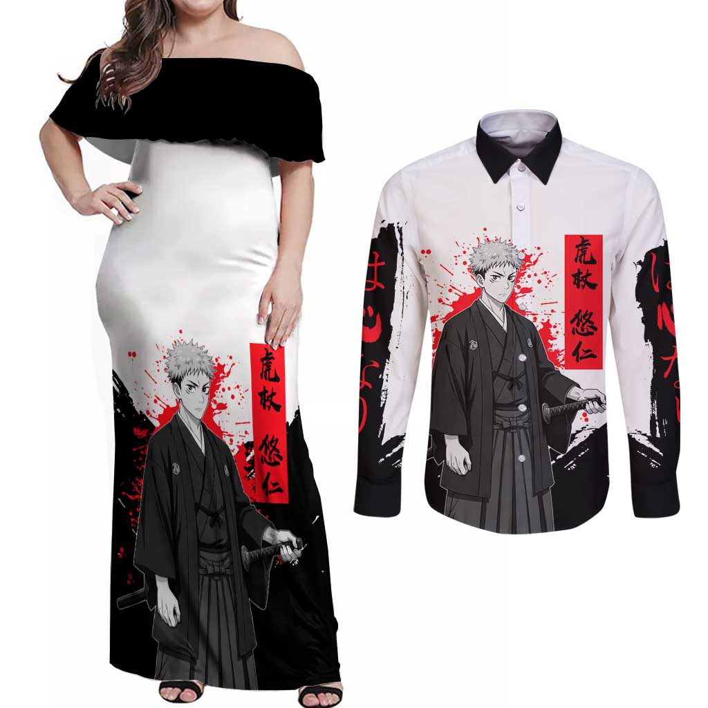 Yuji Itadori Jujutsu Kaisen Samurai Design Couples Matching Off Shoulder Maxi Dress and Long Sleeve Button Shirt with Katana, Red Kanji Elements and Oni Mask Graphic - The Mazicc