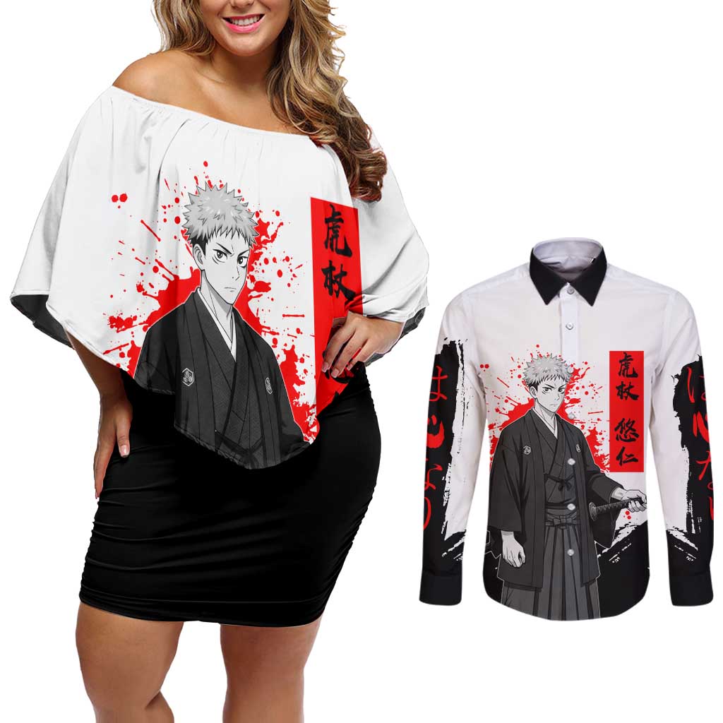 Yuji Itadori Jujutsu Kaisen Samurai Design Couples Matching Off Shoulder Short Dress and Long Sleeve Button Shirt with Katana, Red Kanji Elements and Oni Mask Graphic - The Mazicc