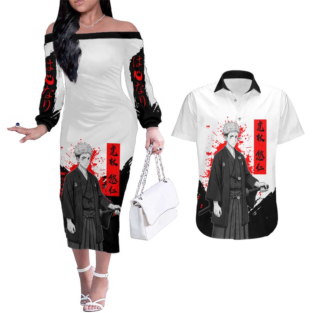 Yuji Itadori Jujutsu Kaisen Samurai Design Couples Matching Off The Shoulder Long Sleeve Dress and Hawaiian Shirt with Katana, Red Kanji Elements and Oni Mask Graphic - The Mazicc