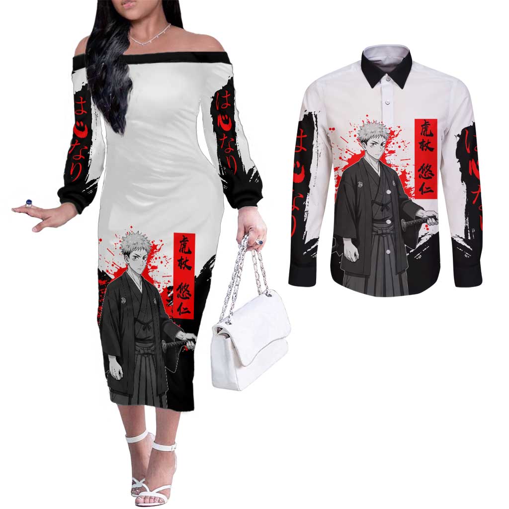 Yuji Itadori Jujutsu Kaisen Samurai Design Couples Matching Off The Shoulder Long Sleeve Dress and Long Sleeve Button Shirt with Katana, Red Kanji Elements and Oni Mask Graphic - The Mazicc