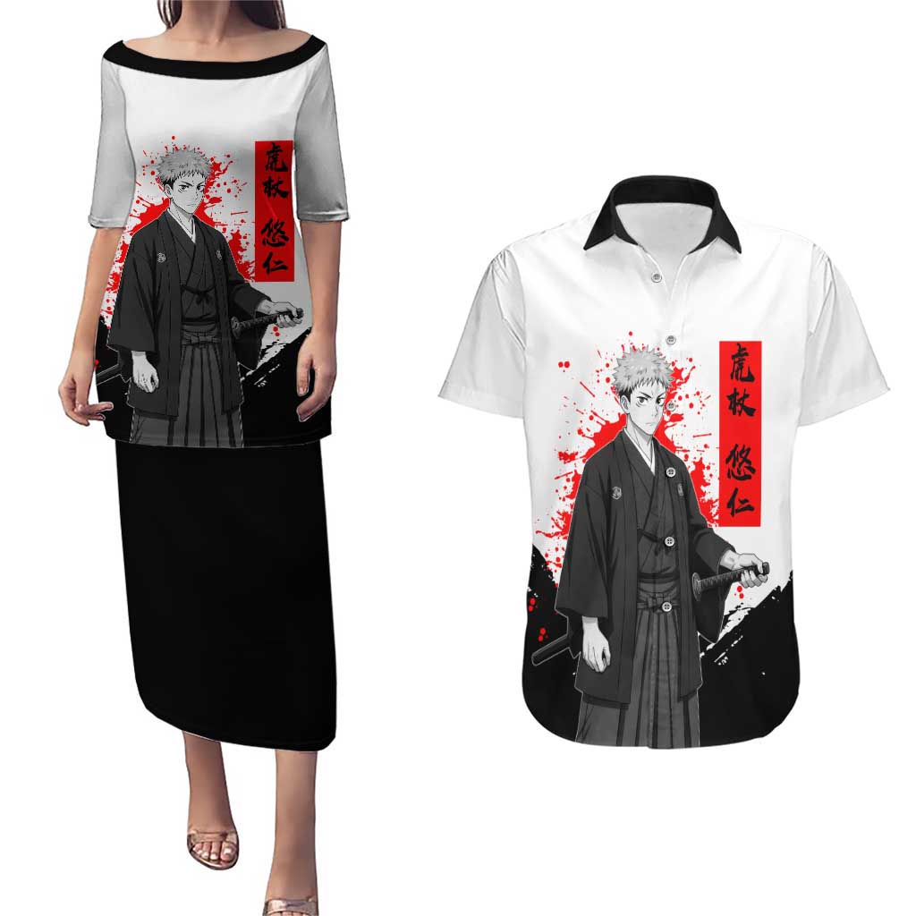 Yuji Itadori Jujutsu Kaisen Samurai Design Couples Matching Puletasi and Hawaiian Shirt with Katana, Red Kanji Elements and Oni Mask Graphic - The Mazicc