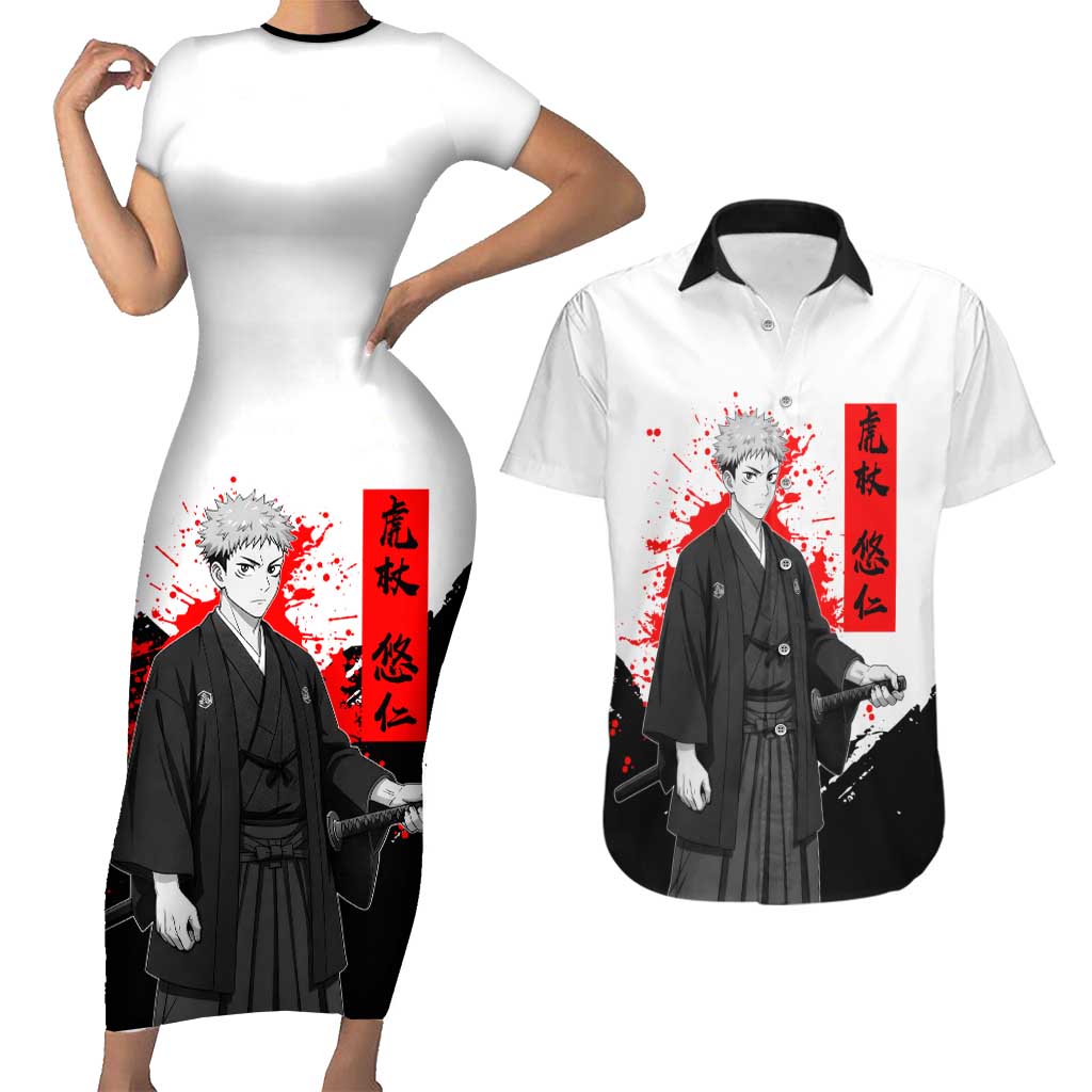 Yuji Itadori Jujutsu Kaisen Samurai Design Couples Matching Short Sleeve Bodycon Dress and Hawaiian Shirt with Katana, Red Kanji Elements and Oni Mask Graphic - The Mazicc