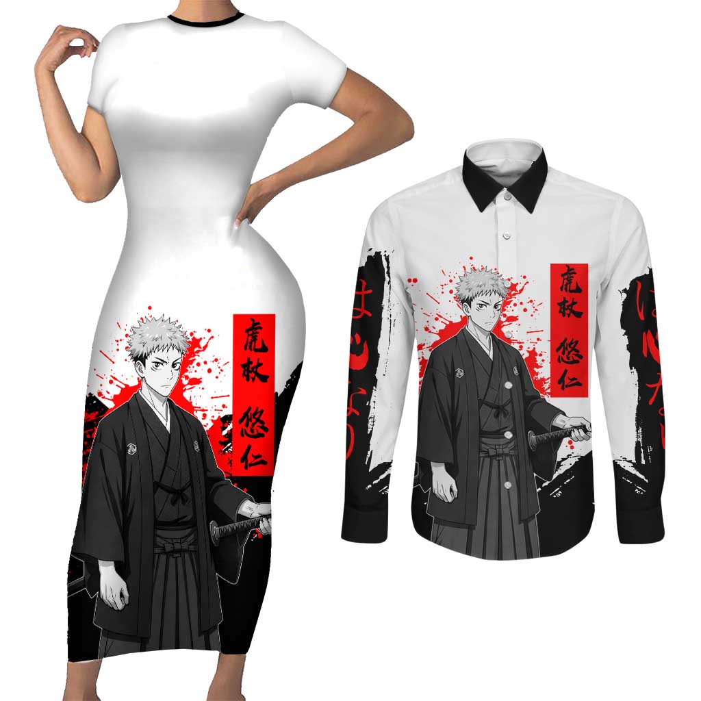 Yuji Itadori Jujutsu Kaisen Samurai Design Couples Matching Short Sleeve Bodycon Dress and Long Sleeve Button Shirt with Katana, Red Kanji Elements and Oni Mask Graphic - The Mazicc