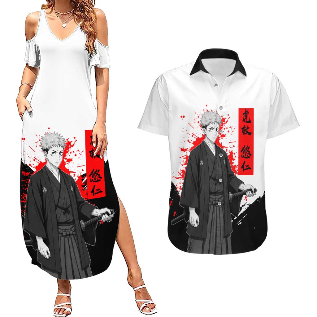 Yuji Itadori Jujutsu Kaisen Samurai Design Couples Matching Summer Maxi Dress and Hawaiian Shirt with Katana, Red Kanji Elements and Oni Mask Graphic - The Mazicc