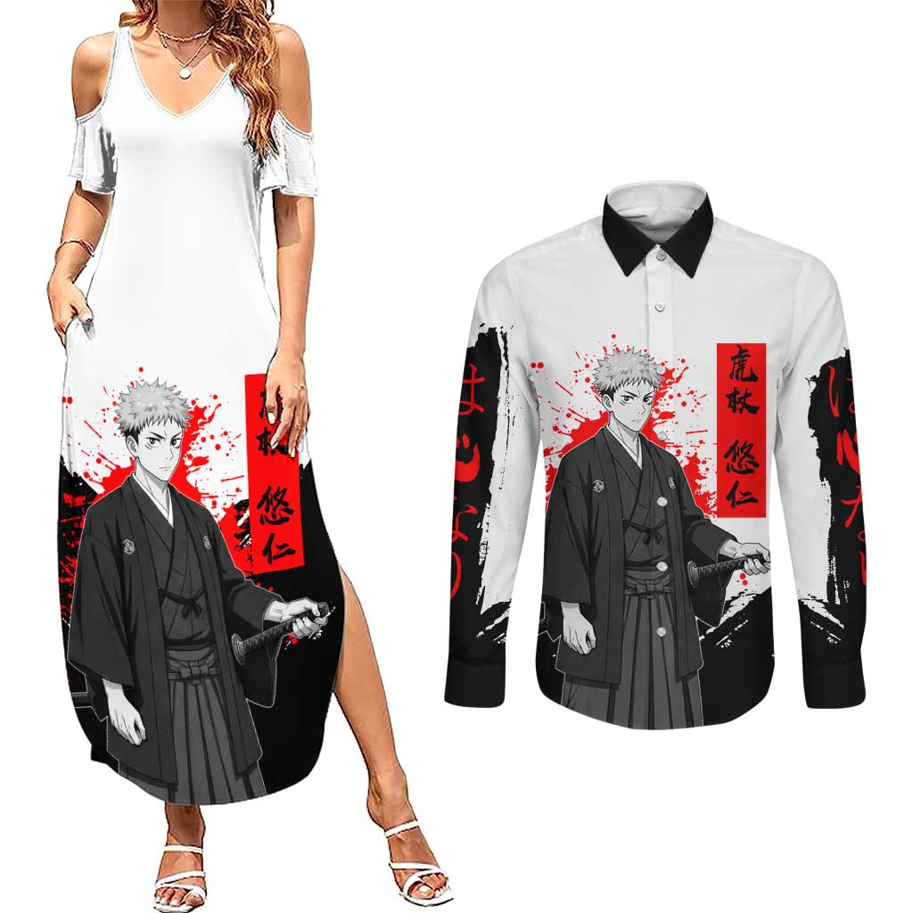 Yuji Itadori Jujutsu Kaisen Samurai Design Couples Matching Summer Maxi Dress and Long Sleeve Button Shirt with Katana, Red Kanji Elements and Oni Mask Graphic - The Mazicc