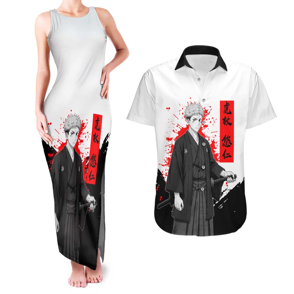 Yuji Itadori Jujutsu Kaisen Samurai Design Couples Matching Tank Maxi Dress and Hawaiian Shirt with Katana, Red Kanji Elements and Oni Mask Graphic - The Mazicc