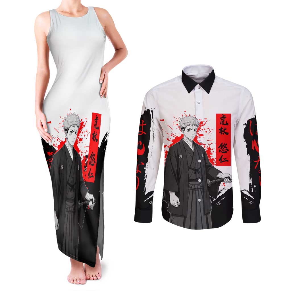 Yuji Itadori Jujutsu Kaisen Samurai Design Couples Matching Tank Maxi Dress and Long Sleeve Button Shirt with Katana, Red Kanji Elements and Oni Mask Graphic - The Mazicc