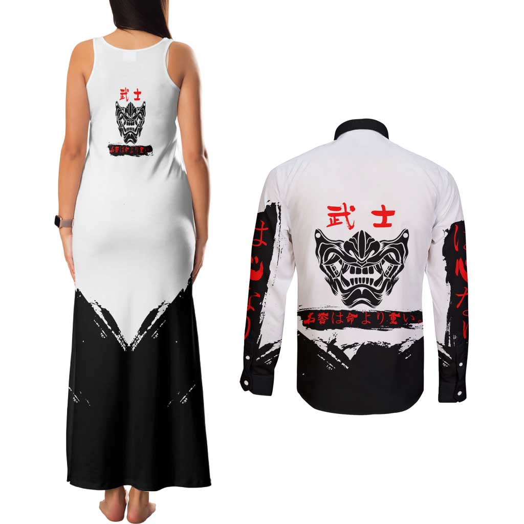 Yuji Itadori Jujutsu Kaisen Samurai Design Couples Matching Tank Maxi Dress and Long Sleeve Button Shirt with Katana, Red Kanji Elements and Oni Mask Graphic - The Mazicc