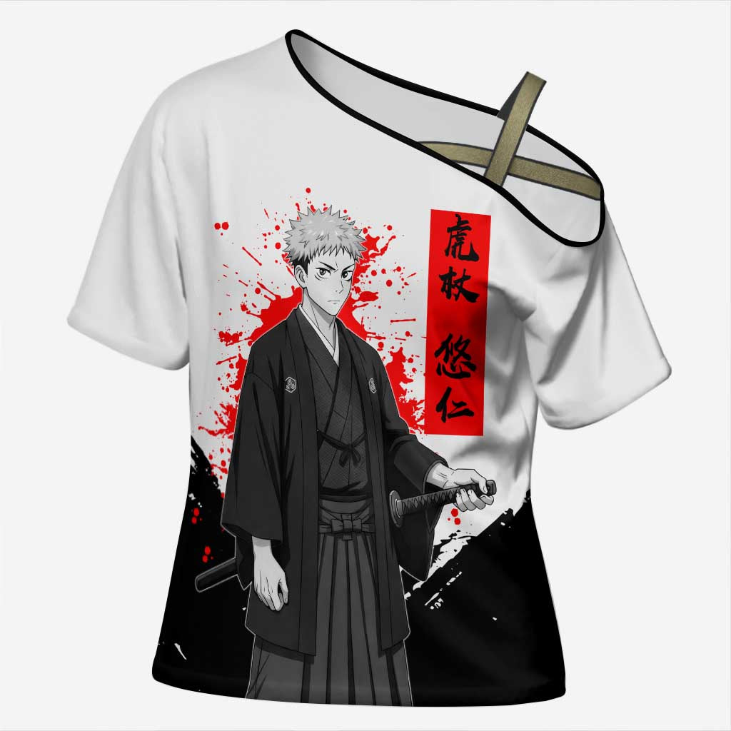 Yuji Itadori Jujutsu Kaisen Samurai Design Cross Shoulder Shirt with Katana, Red Kanji Elements and Oni Mask Graphic - The Mazicc
