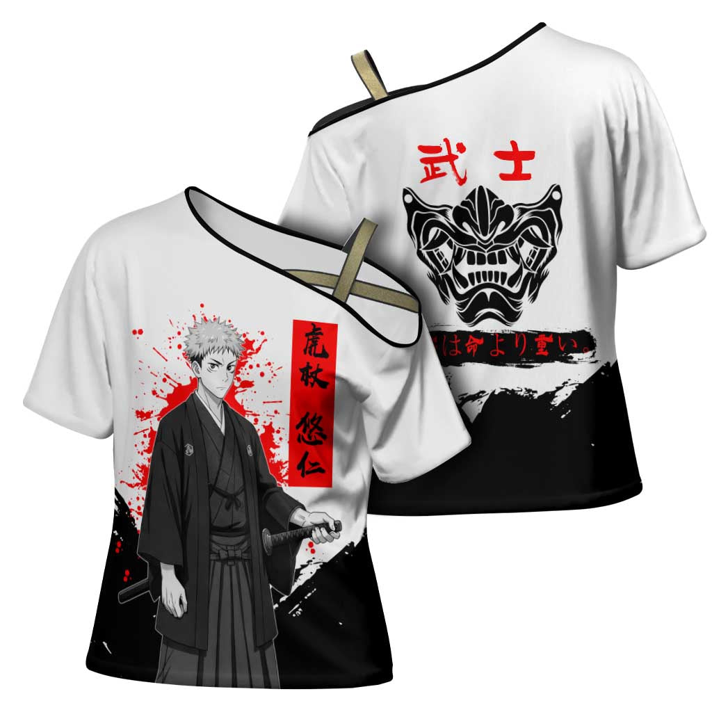 Yuji Itadori Jujutsu Kaisen Samurai Design Cross Shoulder Shirt with Katana, Red Kanji Elements and Oni Mask Graphic - The Mazicc