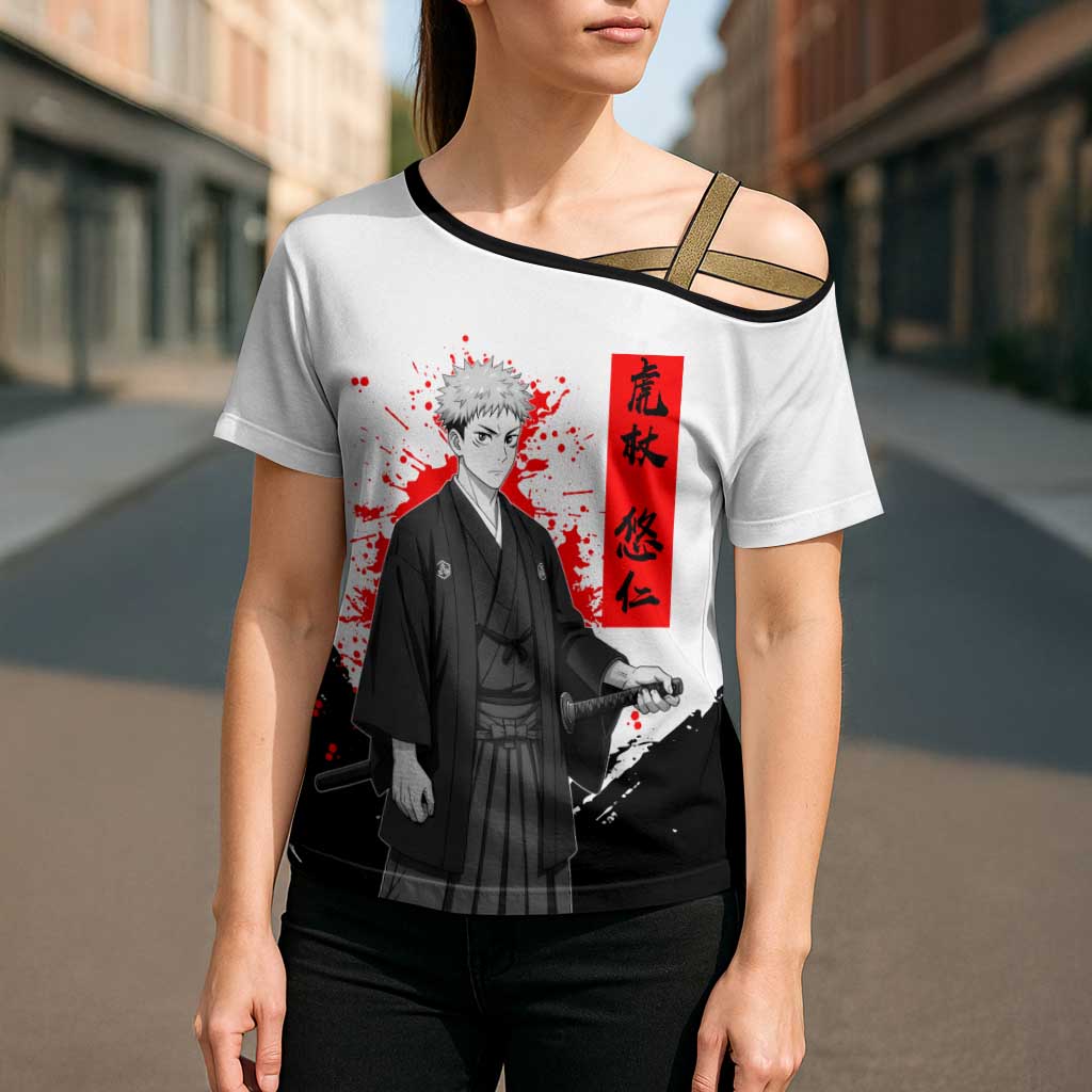 Yuji Itadori Jujutsu Kaisen Samurai Design Cross Shoulder Shirt with Katana, Red Kanji Elements and Oni Mask Graphic - The Mazicc