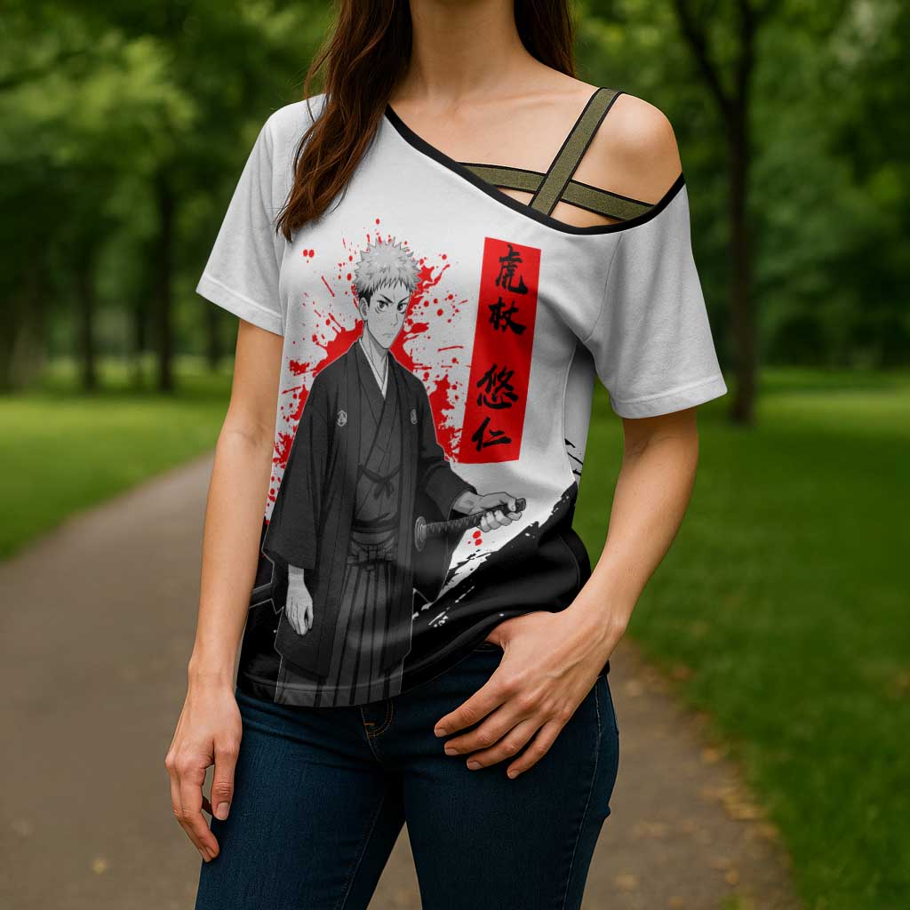Yuji Itadori Jujutsu Kaisen Samurai Design Cross Shoulder Shirt with Katana, Red Kanji Elements and Oni Mask Graphic - The Mazicc