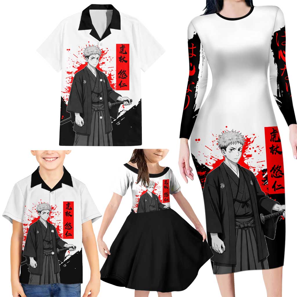 Yuji Itadori Jujutsu Kaisen Samurai Design Family Matching Long Sleeve Bodycon Dress and Hawaiian Shirt with Katana, Red Kanji Elements and Oni Mask Graphic