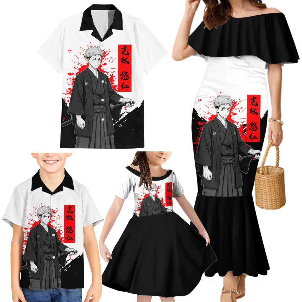 Yuji Itadori Jujutsu Kaisen Samurai Design Family Matching Mermaid Dress and Hawaiian Shirt with Katana, Red Kanji Elements and Oni Mask Graphic
