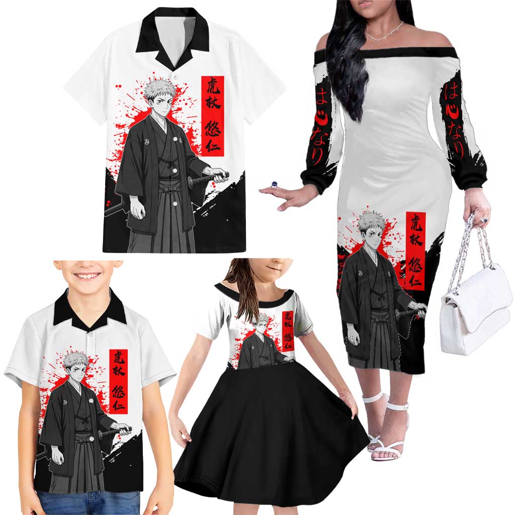 Yuji Itadori Jujutsu Kaisen Samurai Design Family Matching Off The Shoulder Long Sleeve Dress and Hawaiian Shirt with Katana, Red Kanji Elements and Oni Mask Graphic
