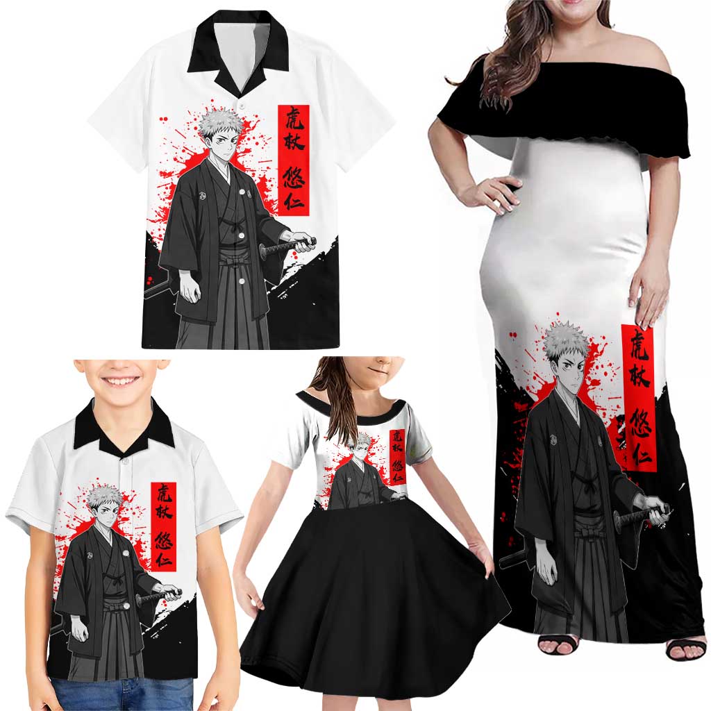 Yuji Itadori Jujutsu Kaisen Samurai Design Family Matching Off Shoulder Maxi Dress and Hawaiian Shirt with Katana, Red Kanji Elements and Oni Mask Graphic