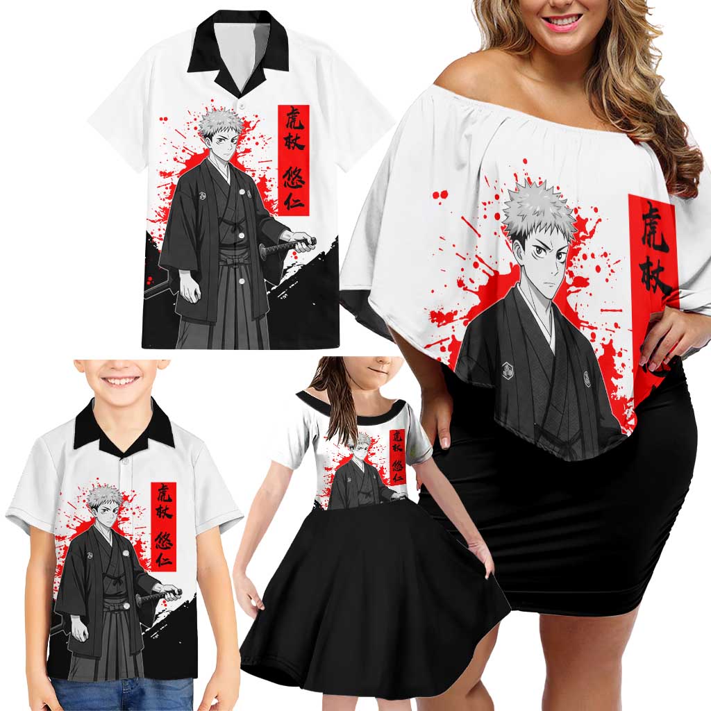 Yuji Itadori Jujutsu Kaisen Samurai Design Family Matching Off Shoulder Short Dress and Hawaiian Shirt with Katana, Red Kanji Elements and Oni Mask Graphic
