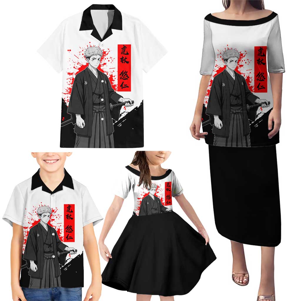 Yuji Itadori Jujutsu Kaisen Samurai Design Family Matching Puletasi and Hawaiian Shirt with Katana, Red Kanji Elements and Oni Mask Graphic