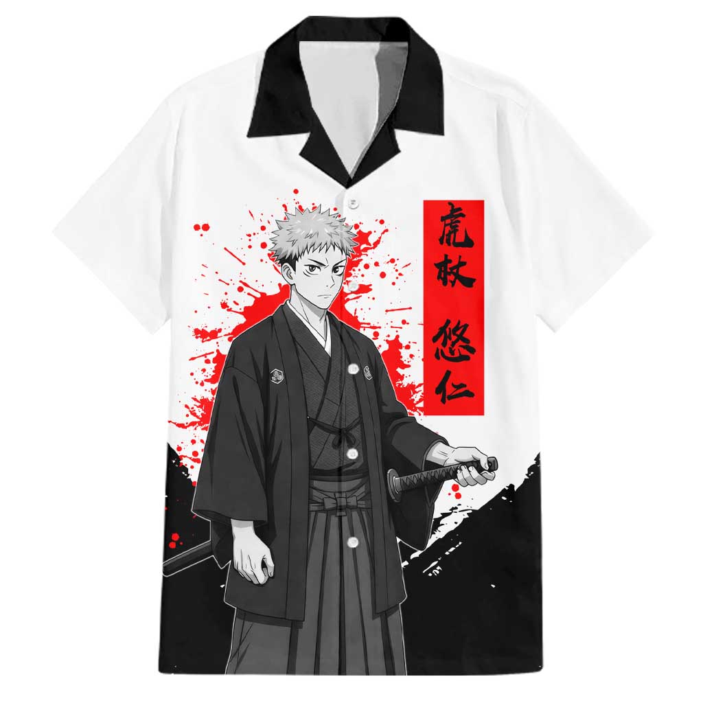 Yuji Itadori Jujutsu Kaisen Samurai Design Family Matching Puletasi and Hawaiian Shirt with Katana, Red Kanji Elements and Oni Mask Graphic