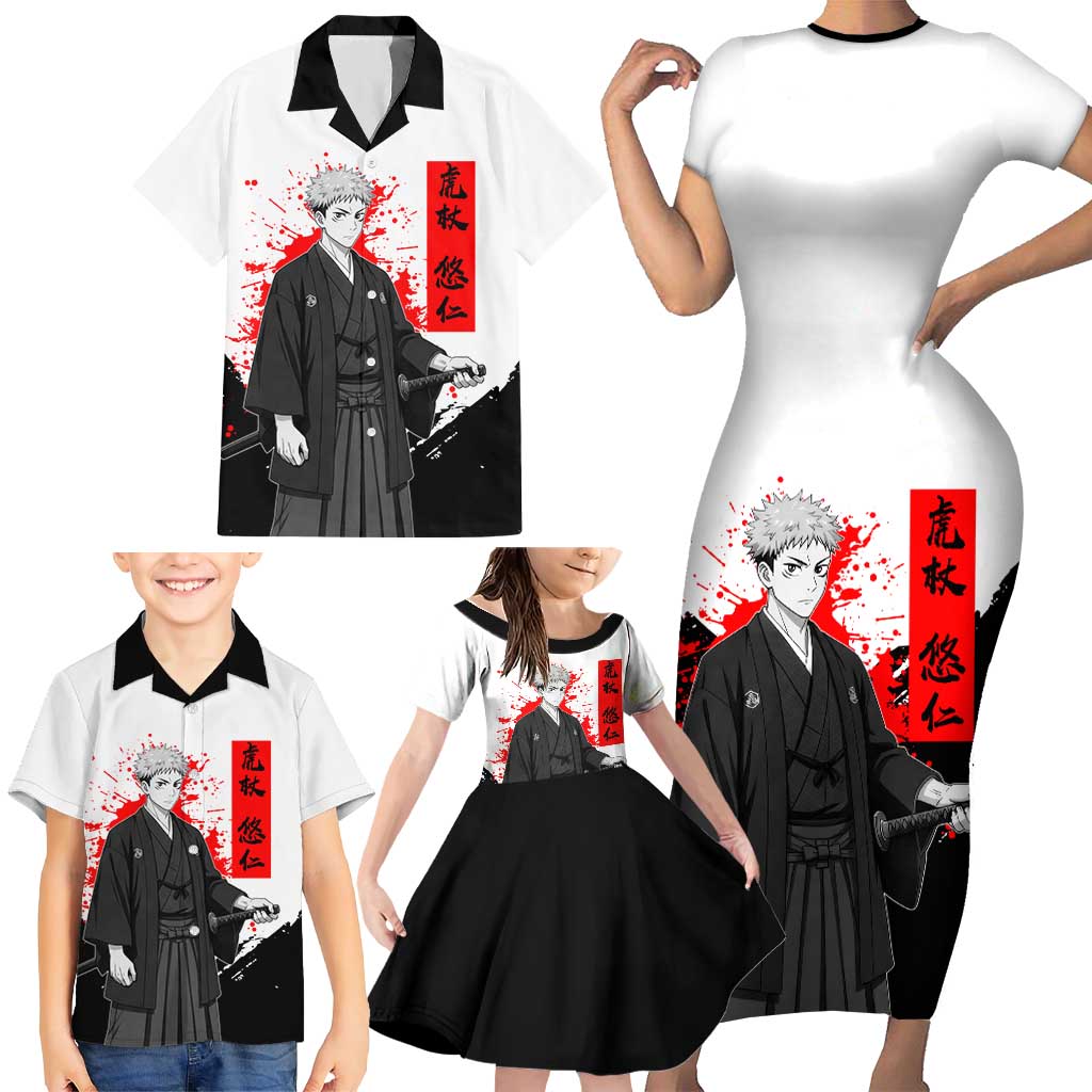 Yuji Itadori Jujutsu Kaisen Samurai Design Family Matching Short Sleeve Bodycon Dress and Hawaiian Shirt with Katana, Red Kanji Elements and Oni Mask Graphic