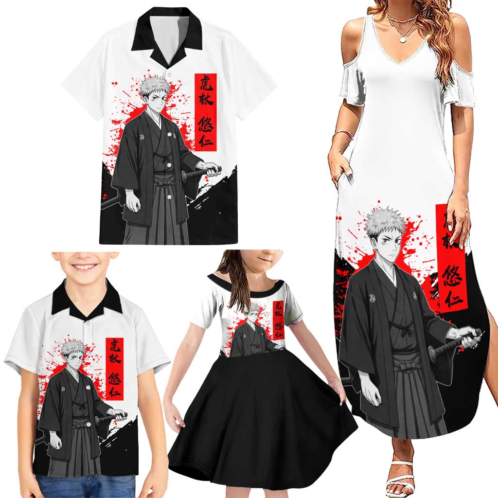 Yuji Itadori Jujutsu Kaisen Samurai Design Family Matching Summer Maxi Dress and Hawaiian Shirt with Katana, Red Kanji Elements and Oni Mask Graphic