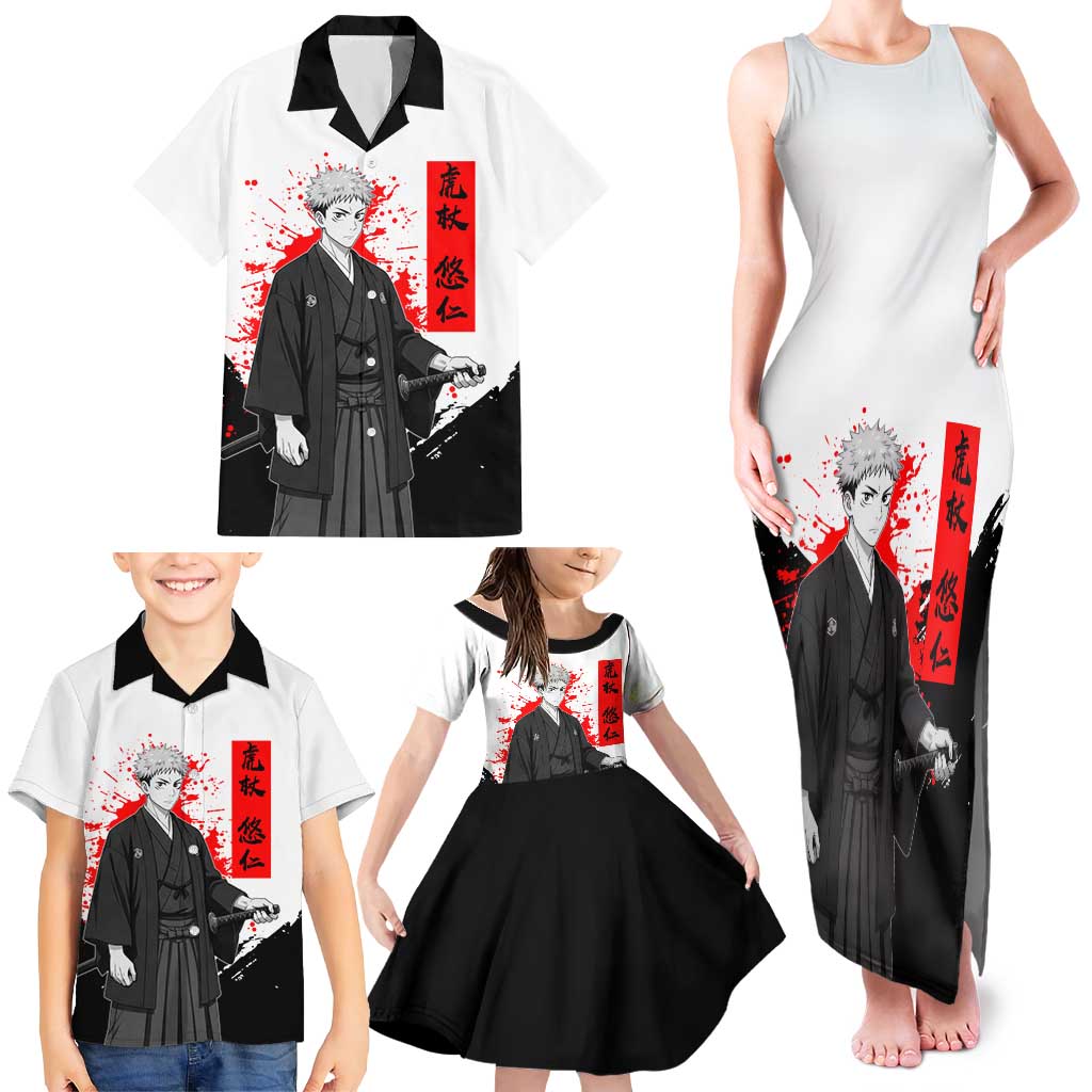 Yuji Itadori Jujutsu Kaisen Samurai Design Family Matching Tank Maxi Dress and Hawaiian Shirt with Katana, Red Kanji Elements and Oni Mask Graphic