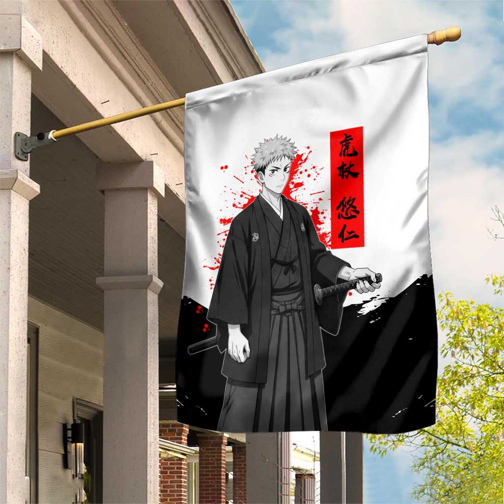 Yuji Itadori Jujutsu Kaisen Samurai Design Garden Flag with Katana, Red Kanji Elements and Oni Mask Graphic - The Mazicc