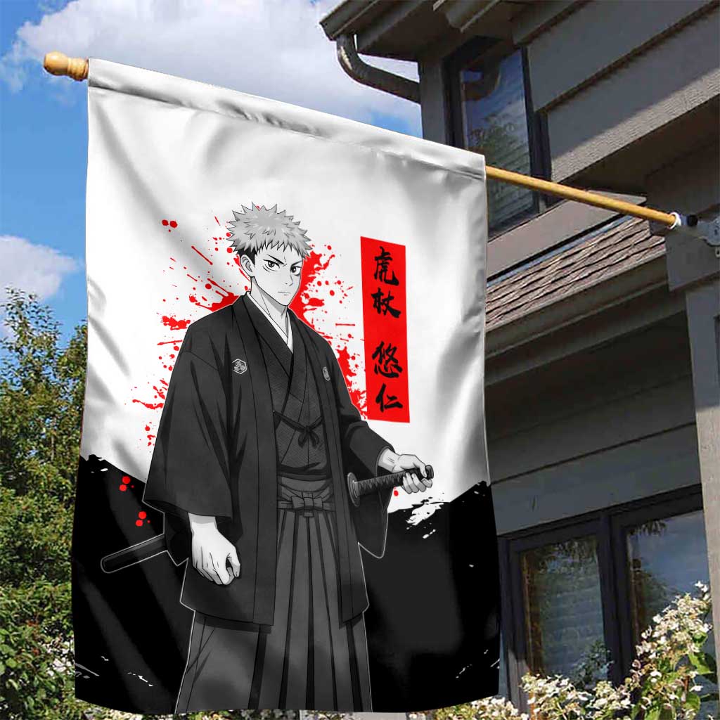 Yuji Itadori Jujutsu Kaisen Samurai Design Garden Flag with Katana, Red Kanji Elements and Oni Mask Graphic - The Mazicc