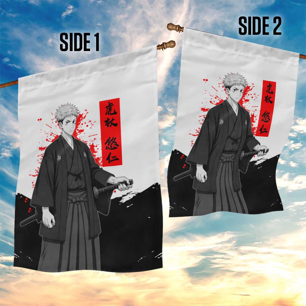 Yuji Itadori Jujutsu Kaisen Samurai Design Garden Flag with Katana, Red Kanji Elements and Oni Mask Graphic - The Mazicc