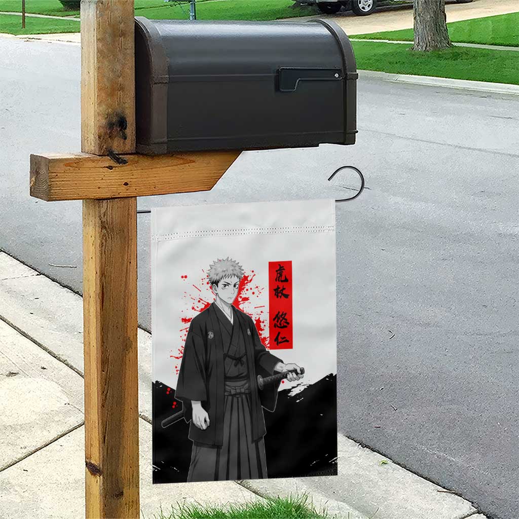 Yuji Itadori Jujutsu Kaisen Samurai Design Garden Flag with Katana, Red Kanji Elements and Oni Mask Graphic - The Mazicc