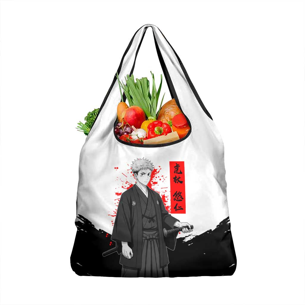Yuji Itadori Jujutsu Kaisen Samurai Design Grocery Bag with Katana, Red Kanji Elements and Oni Mask Graphic - The Mazicc