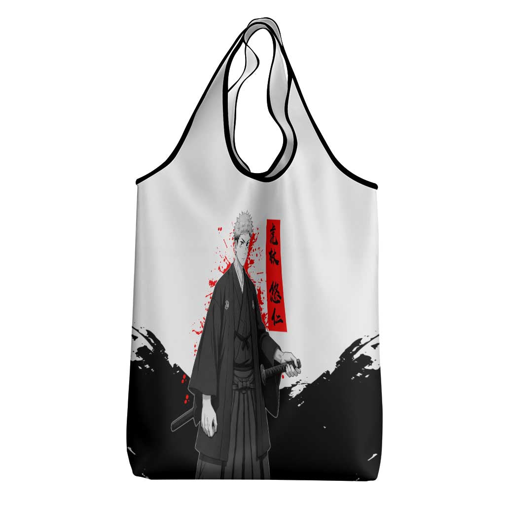 Yuji Itadori Jujutsu Kaisen Samurai Design Grocery Bag with Katana, Red Kanji Elements and Oni Mask Graphic - The Mazicc