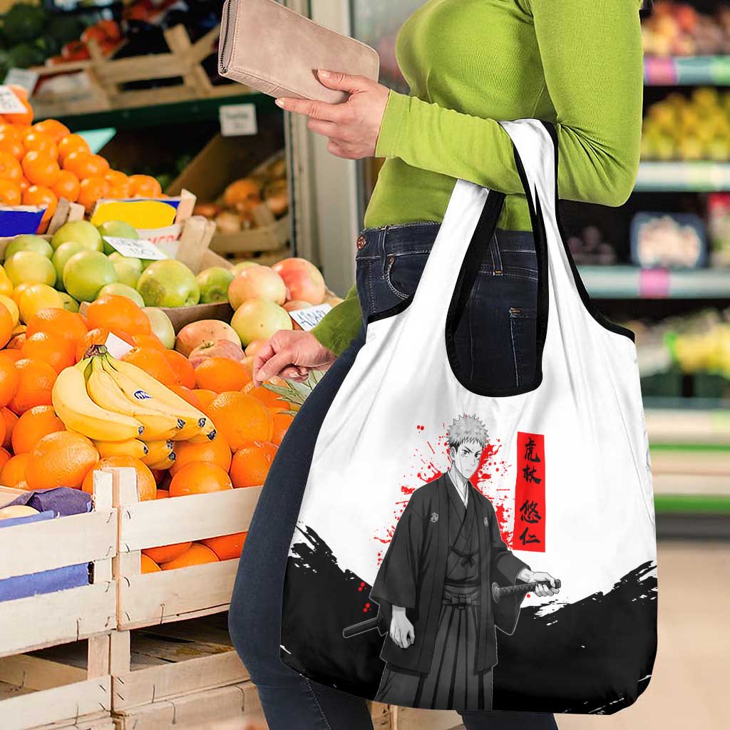Yuji Itadori Jujutsu Kaisen Samurai Design Grocery Bag with Katana, Red Kanji Elements and Oni Mask Graphic - The Mazicc