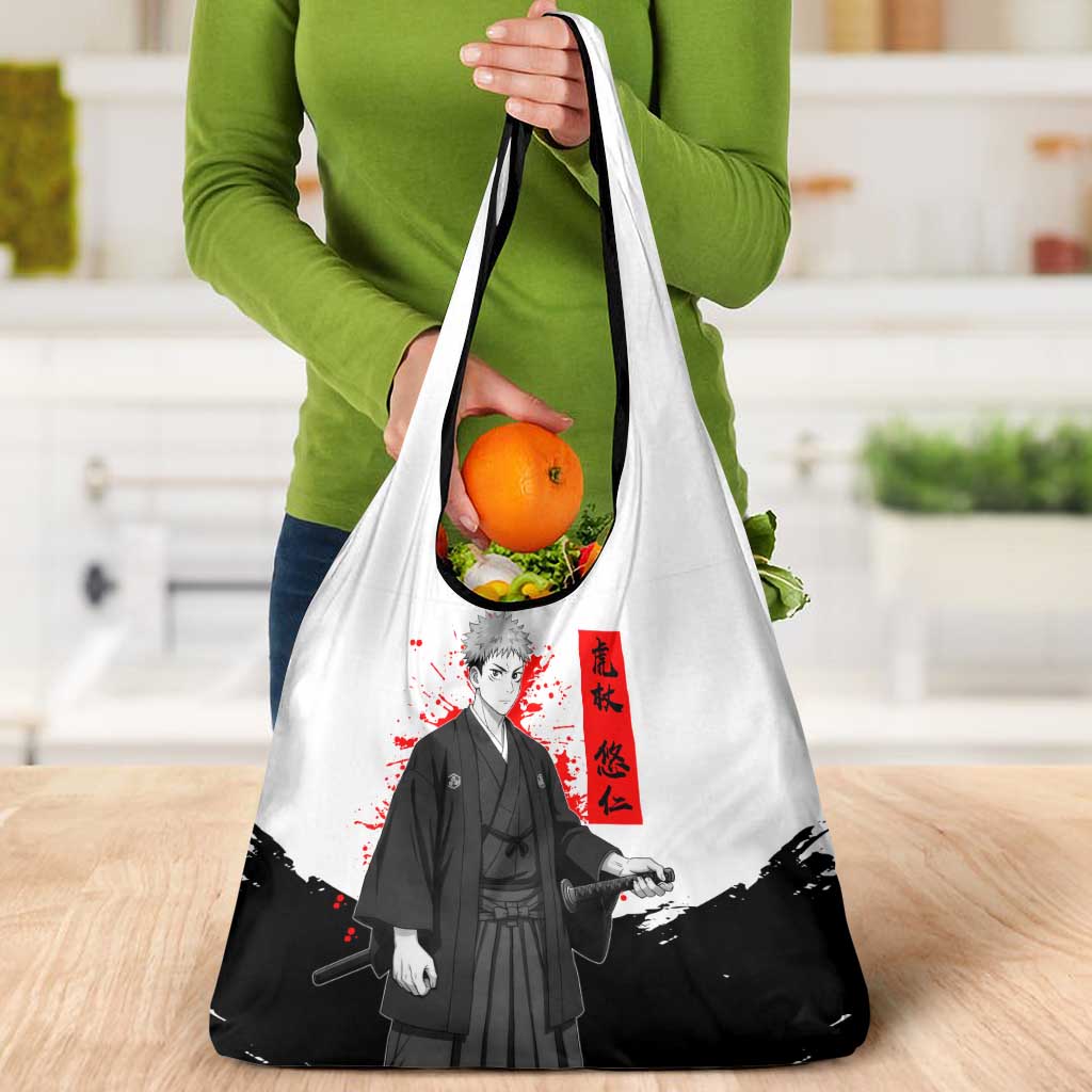 Yuji Itadori Jujutsu Kaisen Samurai Design Grocery Bag with Katana, Red Kanji Elements and Oni Mask Graphic - The Mazicc