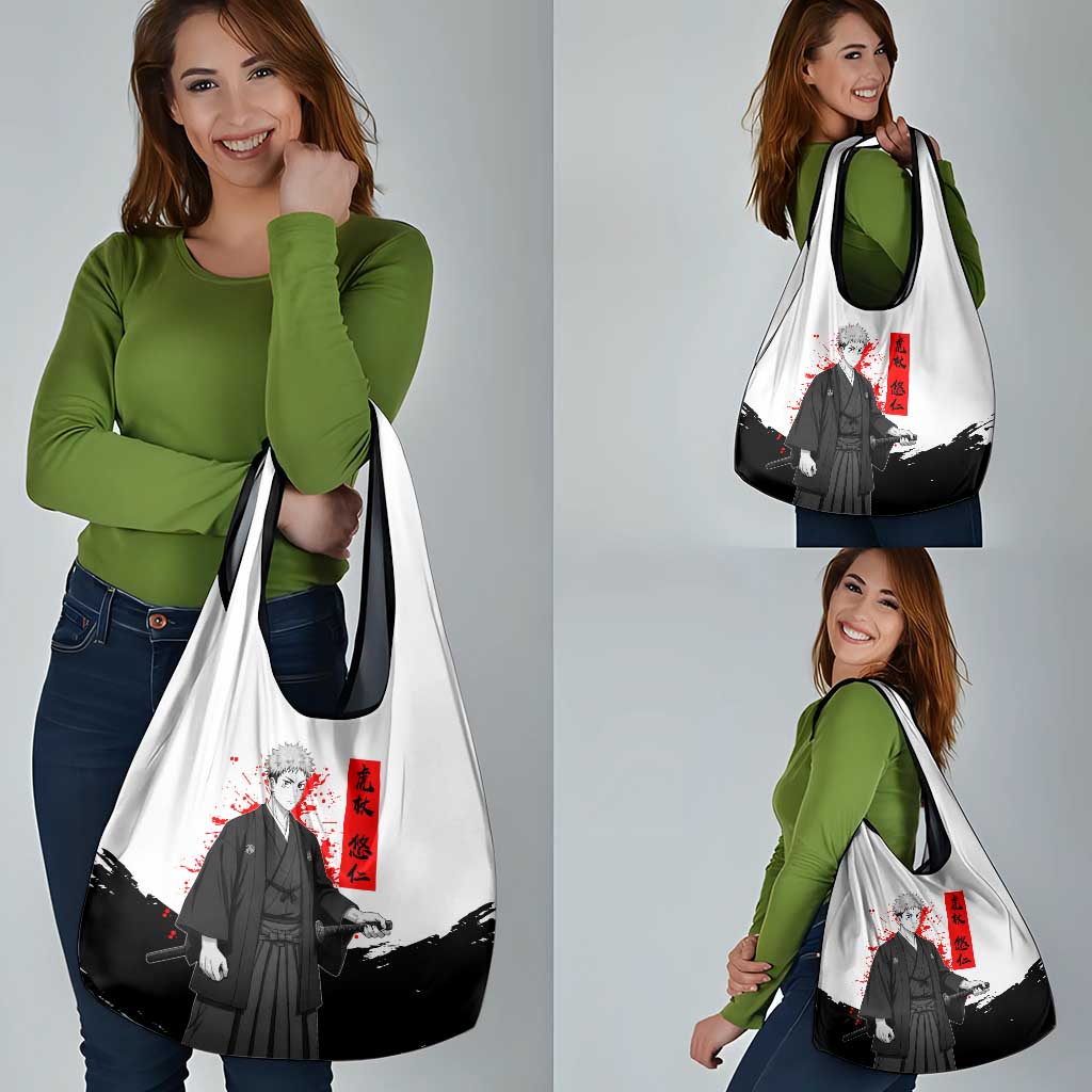 Yuji Itadori Jujutsu Kaisen Samurai Design Grocery Bag with Katana, Red Kanji Elements and Oni Mask Graphic - The Mazicc