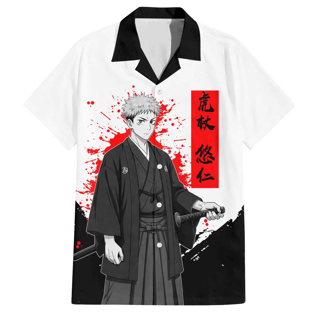 Yuji Itadori Jujutsu Kaisen Samurai Design Hawaiian Shirt with Katana, Red Kanji Elements and Oni Mask Graphic - The Mazicc