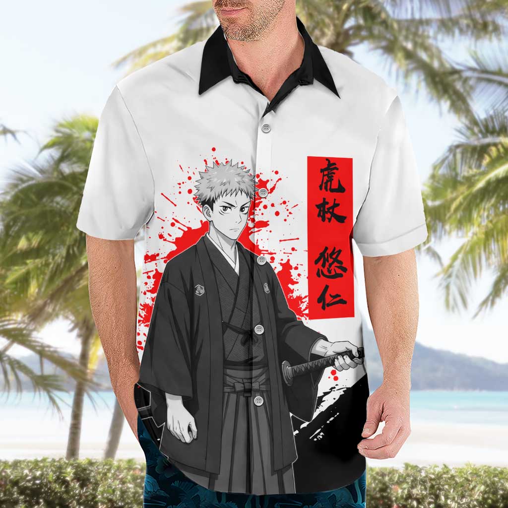 Yuji Itadori Jujutsu Kaisen Samurai Design Hawaiian Shirt with Katana, Red Kanji Elements and Oni Mask Graphic - The Mazicc