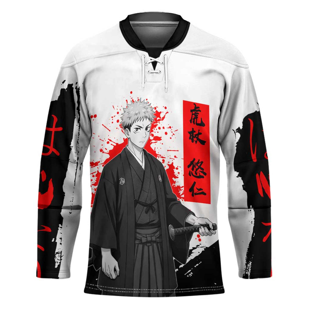 Yuji Itadori Jujutsu Kaisen Samurai Design Hockey Jersey with Katana, Red Kanji Elements and Oni Mask Graphic - The Mazicc
