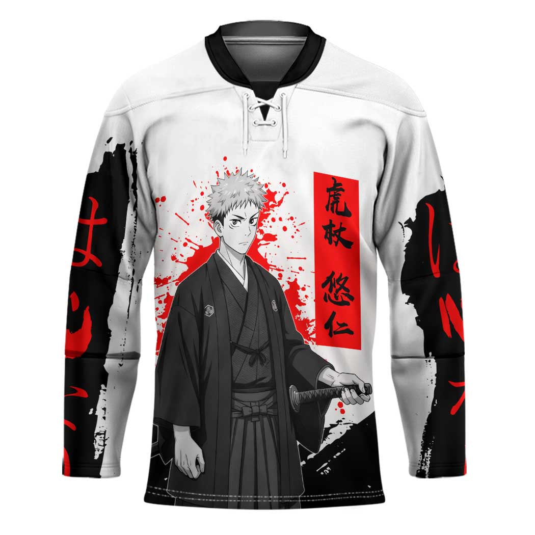 Yuji Itadori Jujutsu Kaisen Samurai Design Hockey Jersey with Katana, Red Kanji Elements and Oni Mask Graphic - The Mazicc