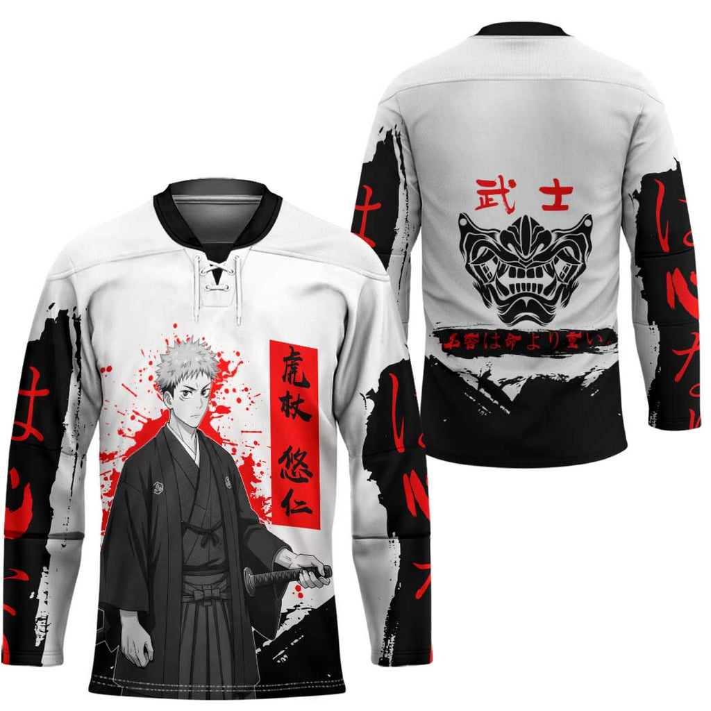 Yuji Itadori Jujutsu Kaisen Samurai Design Hockey Jersey with Katana, Red Kanji Elements and Oni Mask Graphic - The Mazicc