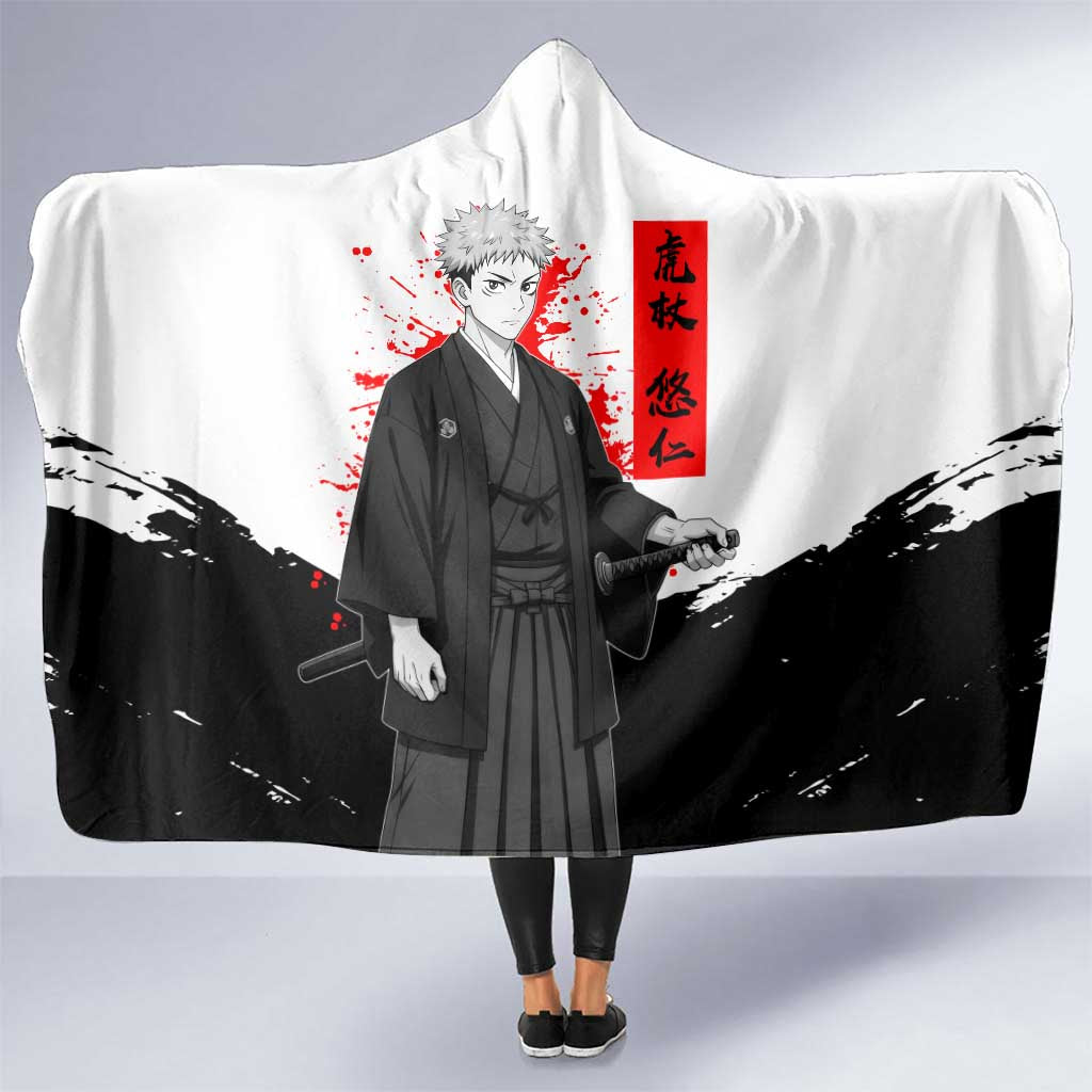 Yuji Itadori Jujutsu Kaisen Samurai Design Hooded Blanket with Katana, Red Kanji Elements and Oni Mask Graphic - The Mazicc
