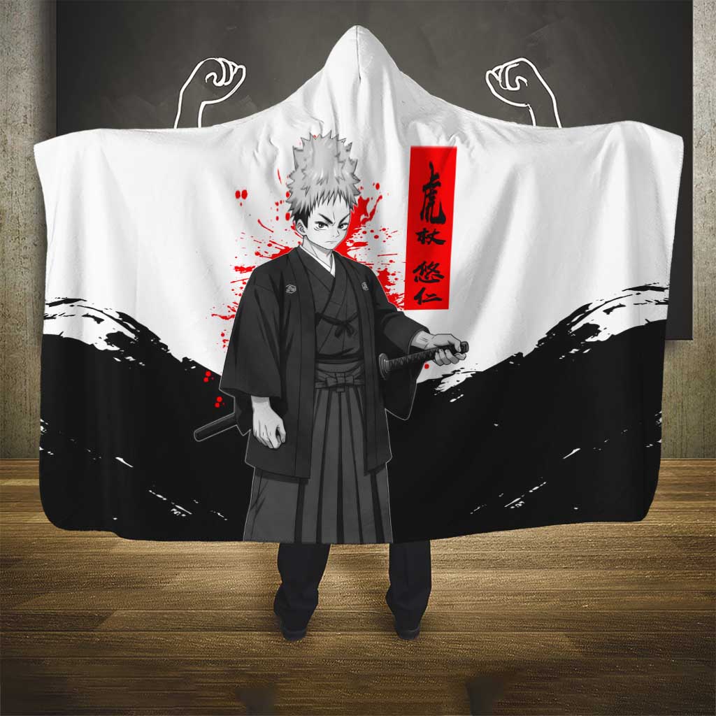 Yuji Itadori Jujutsu Kaisen Samurai Design Hooded Blanket with Katana, Red Kanji Elements and Oni Mask Graphic - The Mazicc