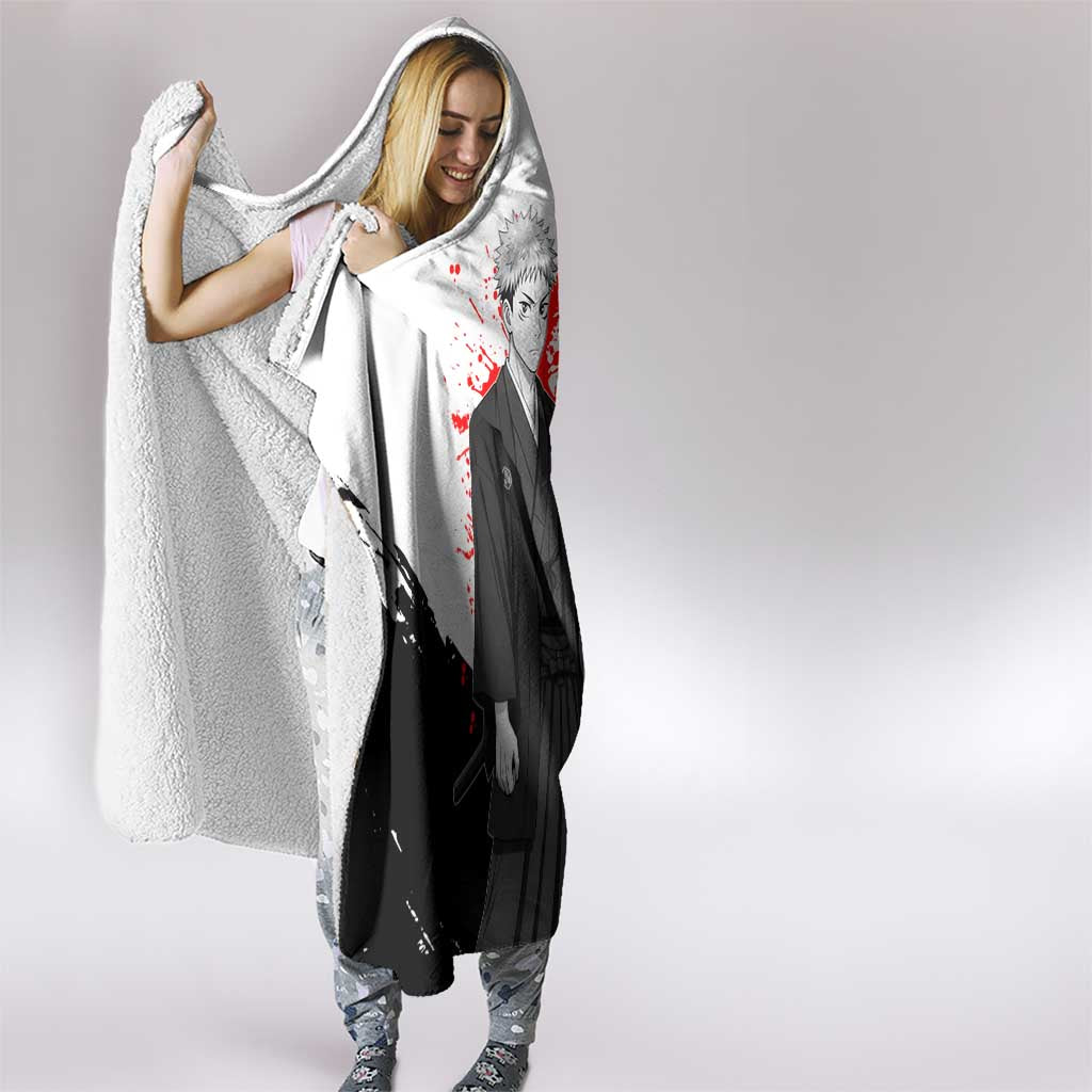 Yuji Itadori Jujutsu Kaisen Samurai Design Hooded Blanket with Katana, Red Kanji Elements and Oni Mask Graphic - The Mazicc