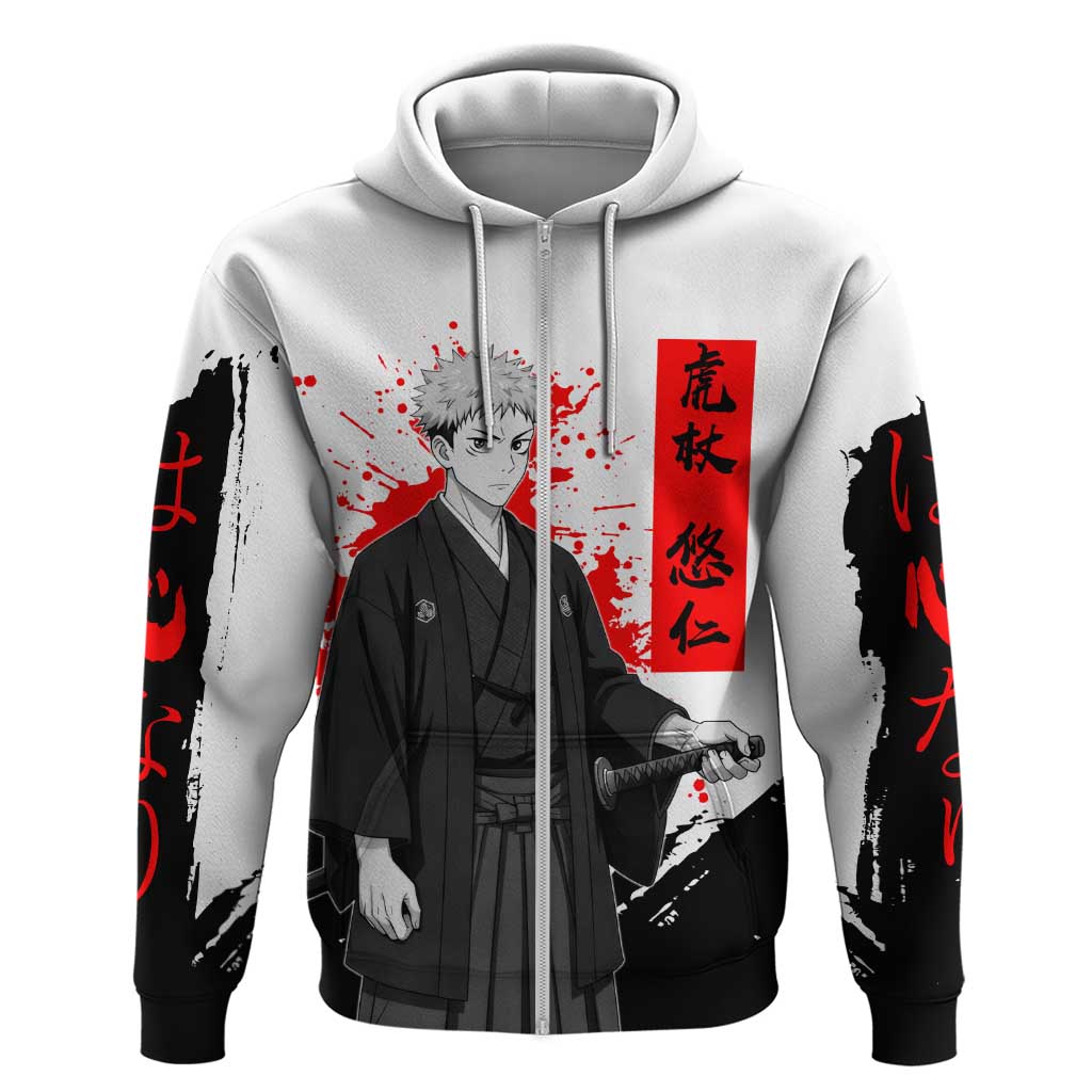Yuji Itadori Jujutsu Kaisen Samurai Design Hoodie with Katana, Red Kanji Elements and Oni Mask Graphic - The Mazicc