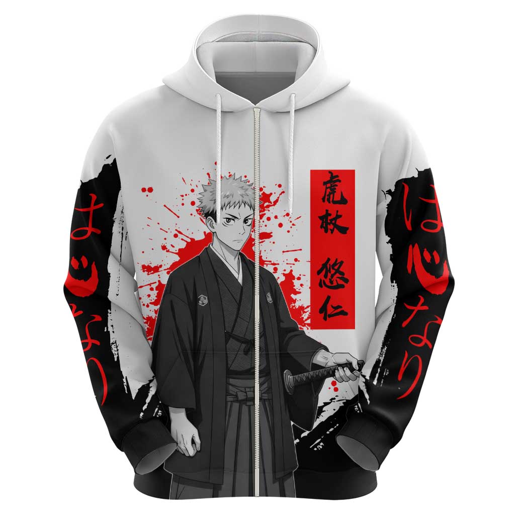 Yuji Itadori Jujutsu Kaisen Samurai Design Hoodie with Katana, Red Kanji Elements and Oni Mask Graphic - The Mazicc
