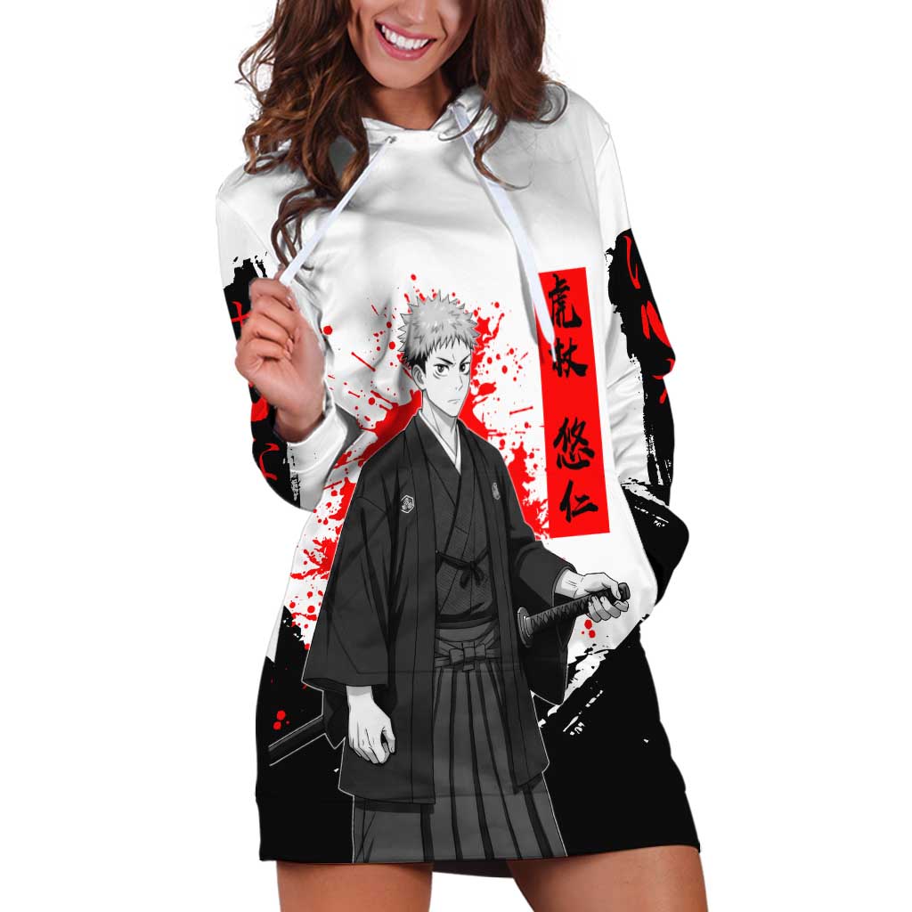Yuji Itadori Jujutsu Kaisen Samurai Design Hoodie Dress with Katana, Red Kanji Elements and Oni Mask Graphic - The Mazicc